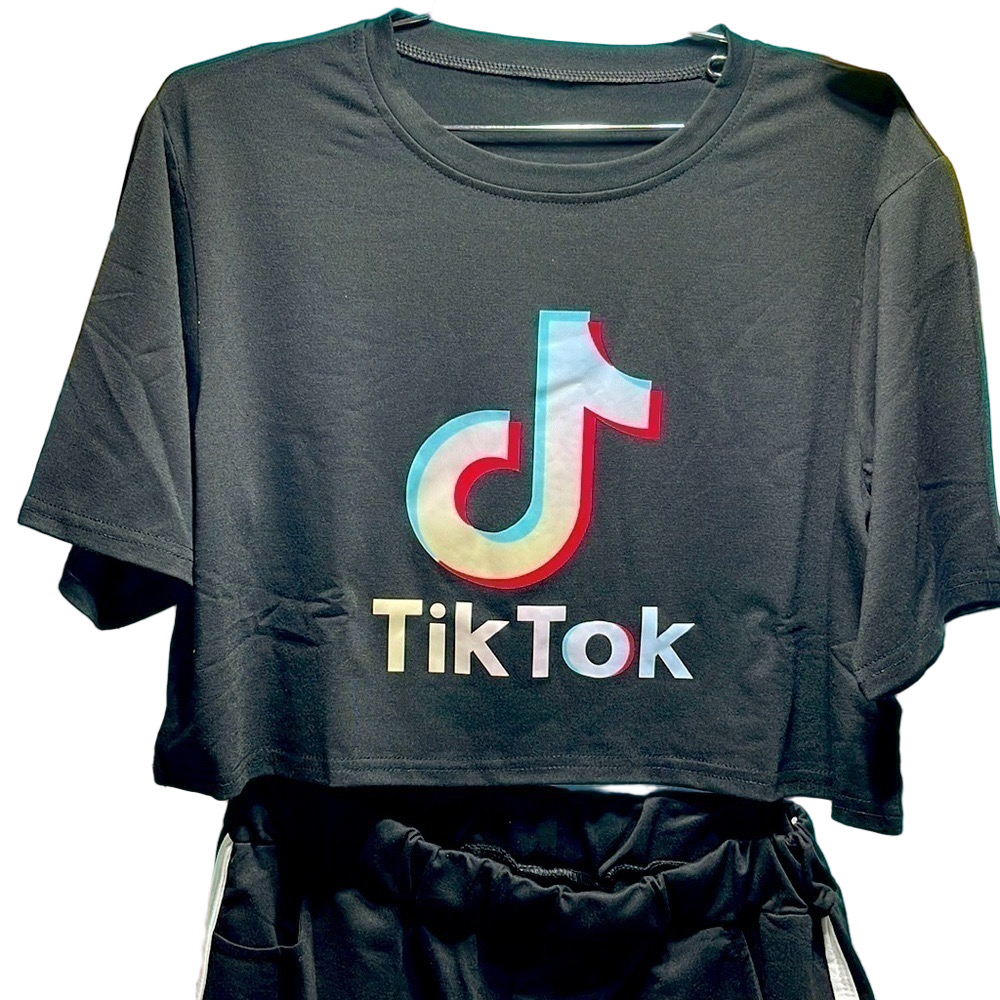 TikTok Logo Cropped Tee Shorts Lounge Set Pockets Large Bonus Tik Tok Stickers - Picture 4 of 16